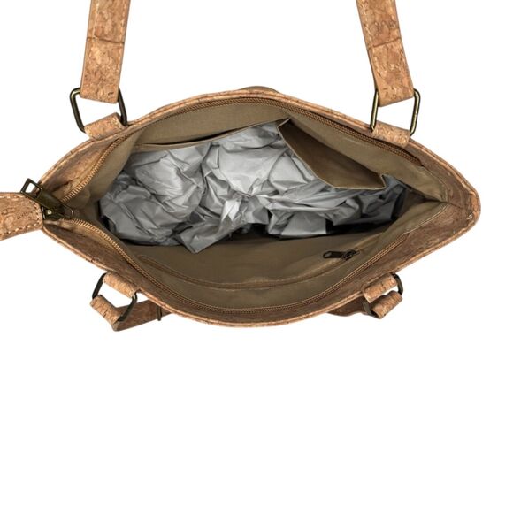 Natural Cork Shoulder Tote Bag With Tropical Leaf Print & Zipper Pockets - Picture 11 of 12